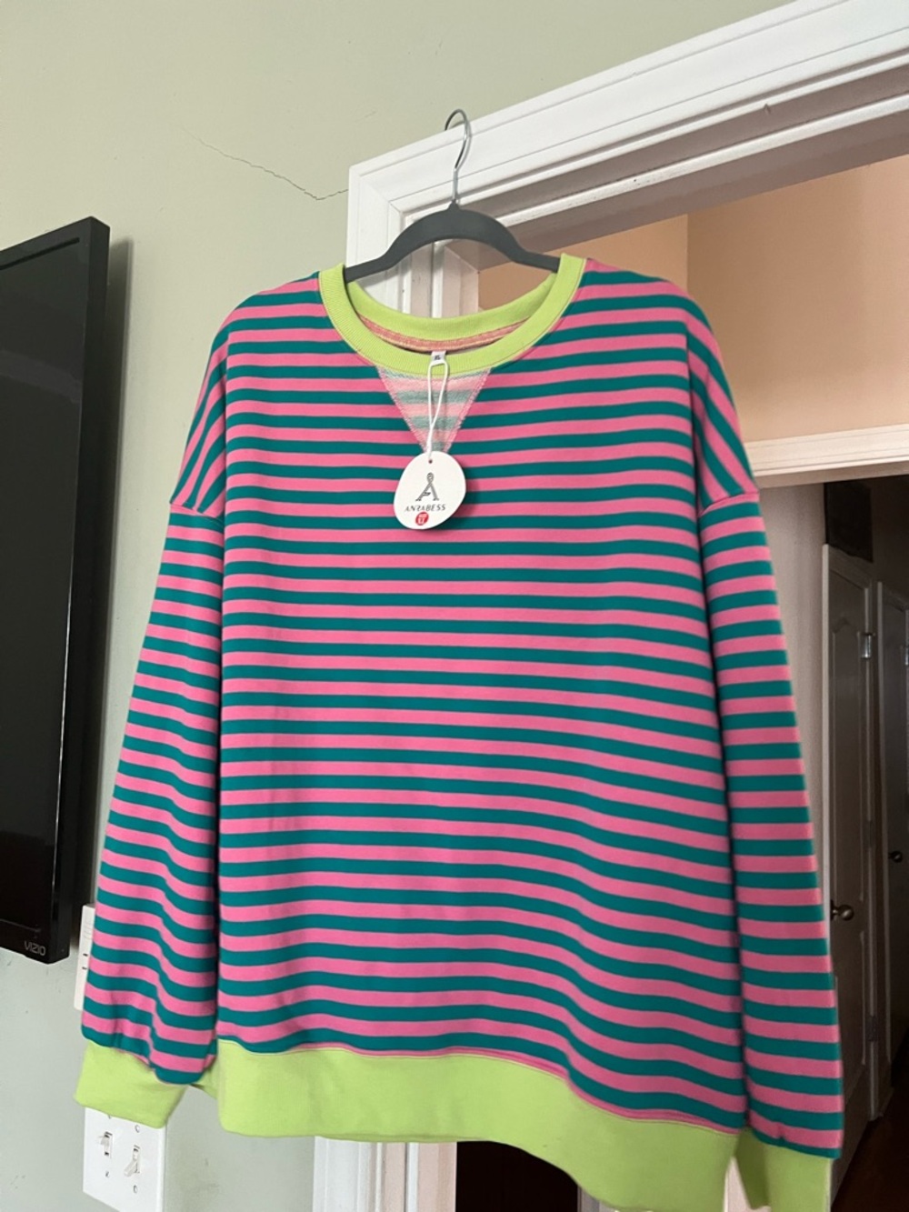 Striped Pink & Teal Sweatshirt with Lime Trim